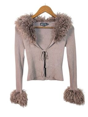 Motel Rocks Taupe Faux-Fur Trim Knit Cardigan NWOT